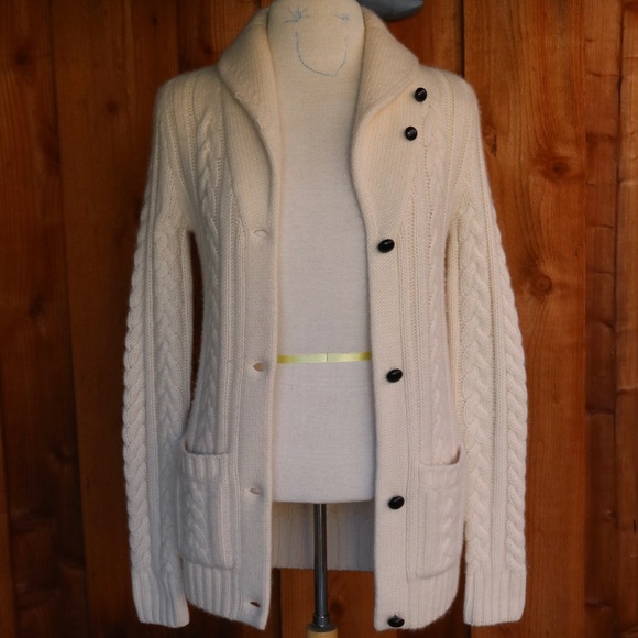 Daniel Cremieux 100% Cashmere Ivory Cable Knit Cardigan With Elbow Patch - Picture 1 of 15